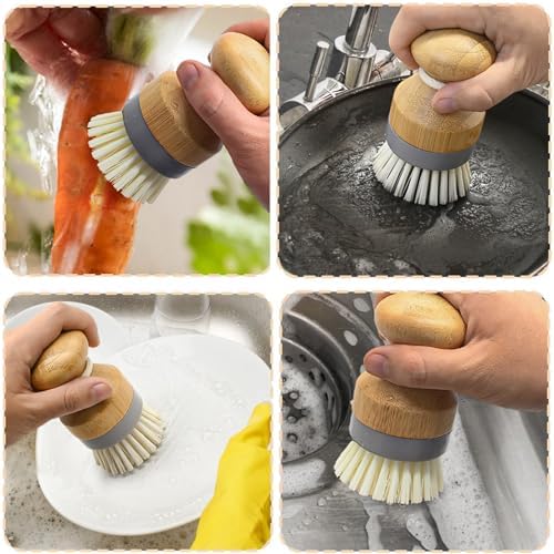 RIMAYBamboo Dish Palm Brush with Holder Set - 2-Pack for Kitchen Cleaning