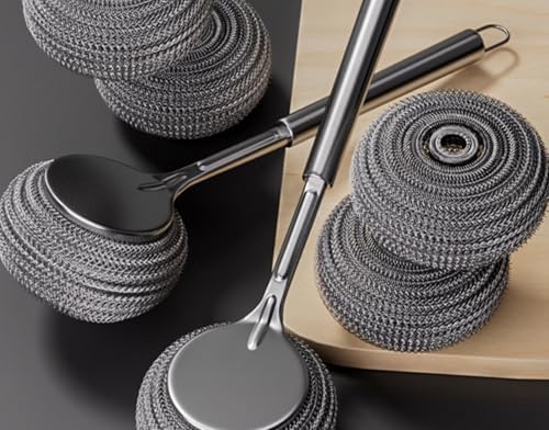 GXFCCStainless Steel Long-Handled Brush Pot Washer Kitchen Helper with 4 Replaceable Heads