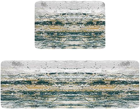 Carosoffe Kitchen Rugs 2-Piece Set - Green Yellow Grey Non-Slip Absorbent