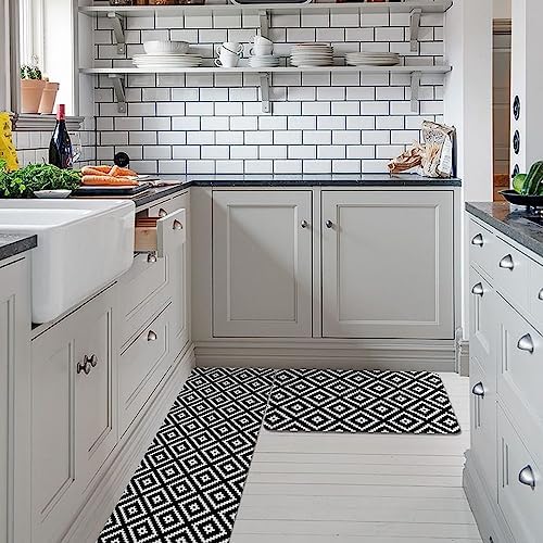 Carosoffe 2-Piece Modern Geometric Kitchen Rugs Set Black Non-Slip Absorbent