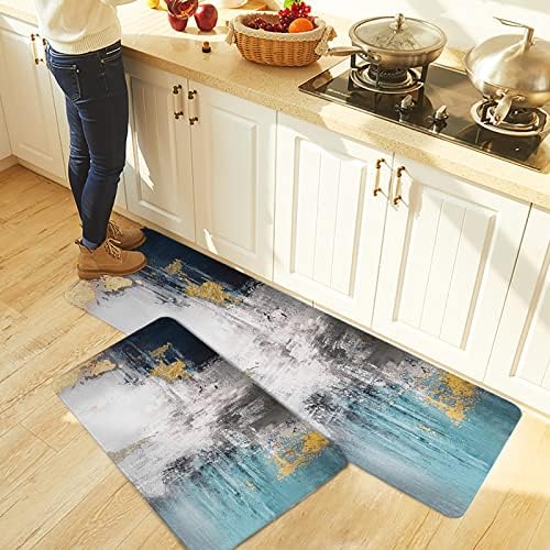 Blue Green Kitchen Rug Set 2PCS Non Slip Mats