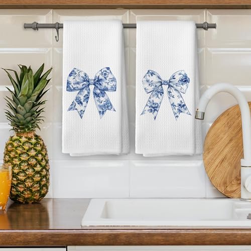 Chinoiserie Bows Set of 2 Trendy Preppy Blue and White Bow Dish Towels
