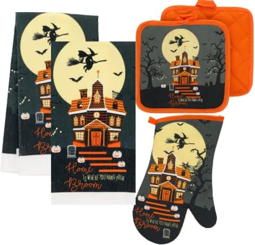 Greenbrier Halloween Kitchen Linen Set 5-Piece - Orange Black Yellow Dishcloth Bundle