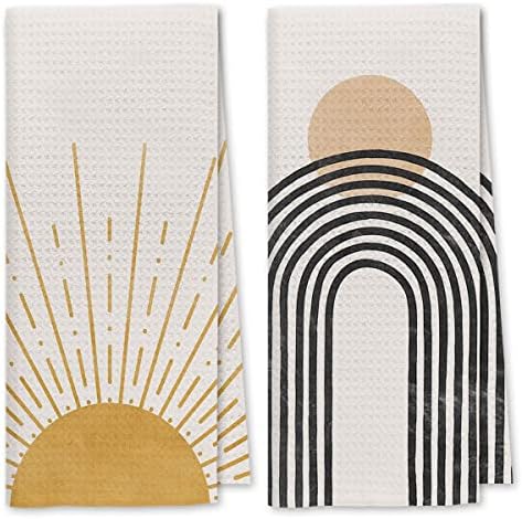 DIBOR Boho Sun Line Rainbow Kitchen Bathroom Towels 16x24 Set of 2 Orange