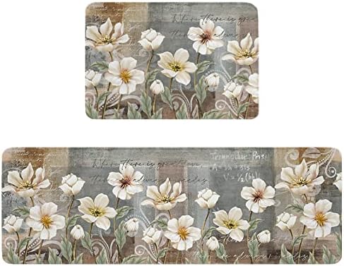 Carosoffe White Flower Kitchen Bathroom Runner Set