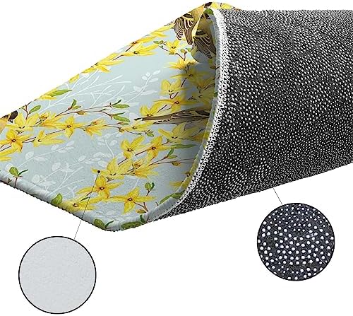Yellow Flower Birds Kitchen Rug Set 2PCS Non Slip Mats