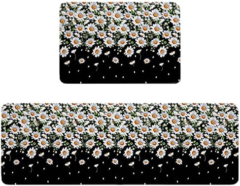 Weeping Flowers Kitchen Rug Set 2PCS White Daisy Non-Slip Mats