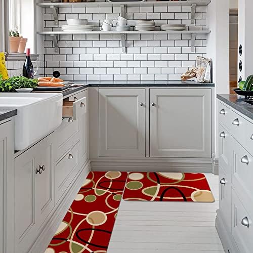 Red Brown Kitchen Bathroom Standing Mat Set 2