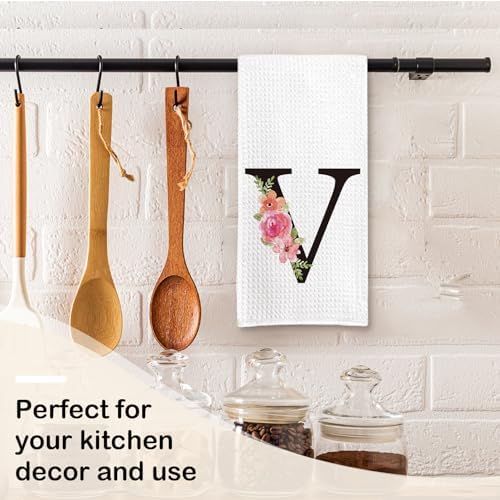 adorable Floral Monogram Letter V Kitchen Towels