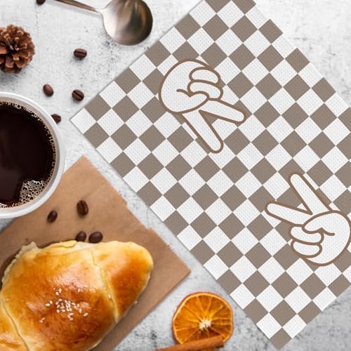 Brown Checkered Kitchen Towels and Dishcloths Set of 2