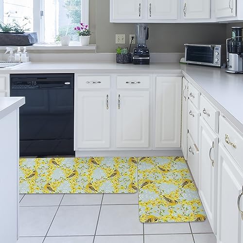 Yellow Flower Birds Kitchen Rug Set 2PCS Non Slip Mats