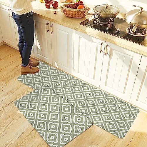 Sage Green Geometric Kitchen Rug Set 2 PCS