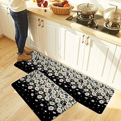 Weeping Flowers Kitchen Rug Set 2PCS White Daisy Non-Slip Mats
