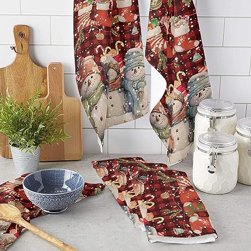 Christmas Kitchen Towels Red Buffalo Plaid Snowman Stocking 18x28