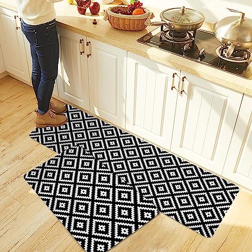 Carosoffe 2-Piece Modern Geometric Kitchen Rugs Set Black Non-Slip Absorbent
