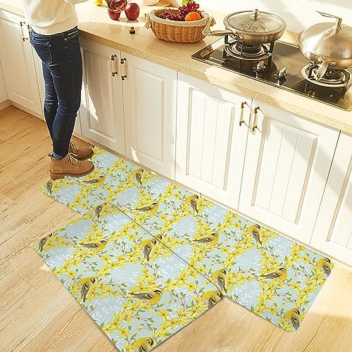 Yellow Flower Birds Kitchen Rug Set 2PCS Non Slip Mats