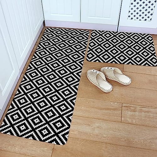 Carosoffe 2-Piece Modern Geometric Kitchen Rugs Set Black Non-Slip Absorbent
