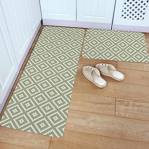 Sage Green Geometric Kitchen Rug Set 2 PCS
