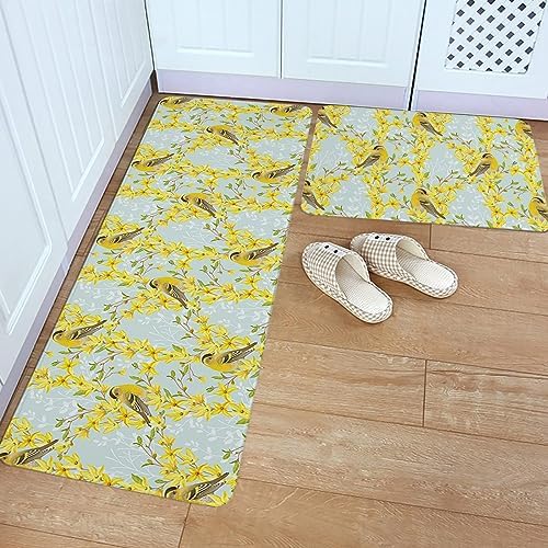 Yellow Flower Birds Kitchen Rug Set 2PCS Non Slip Mats