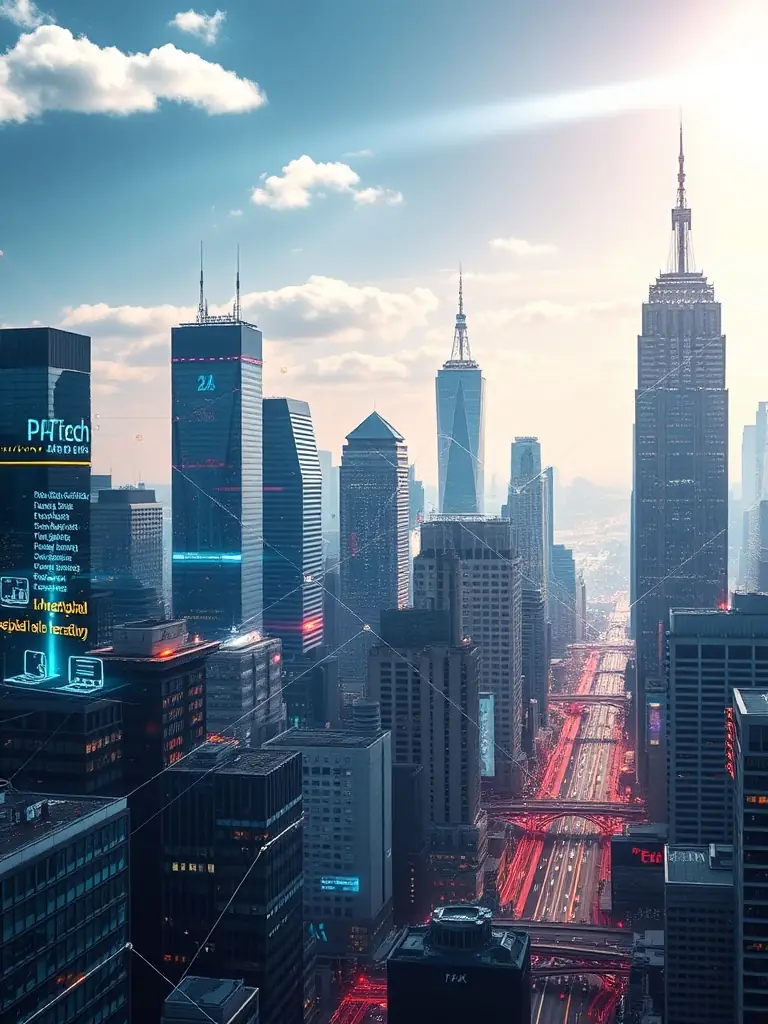 A futuristic cityscape with interconnected digital networks, symbolizing EAILEYTECH's expertise in technology consulting and digital transformation.