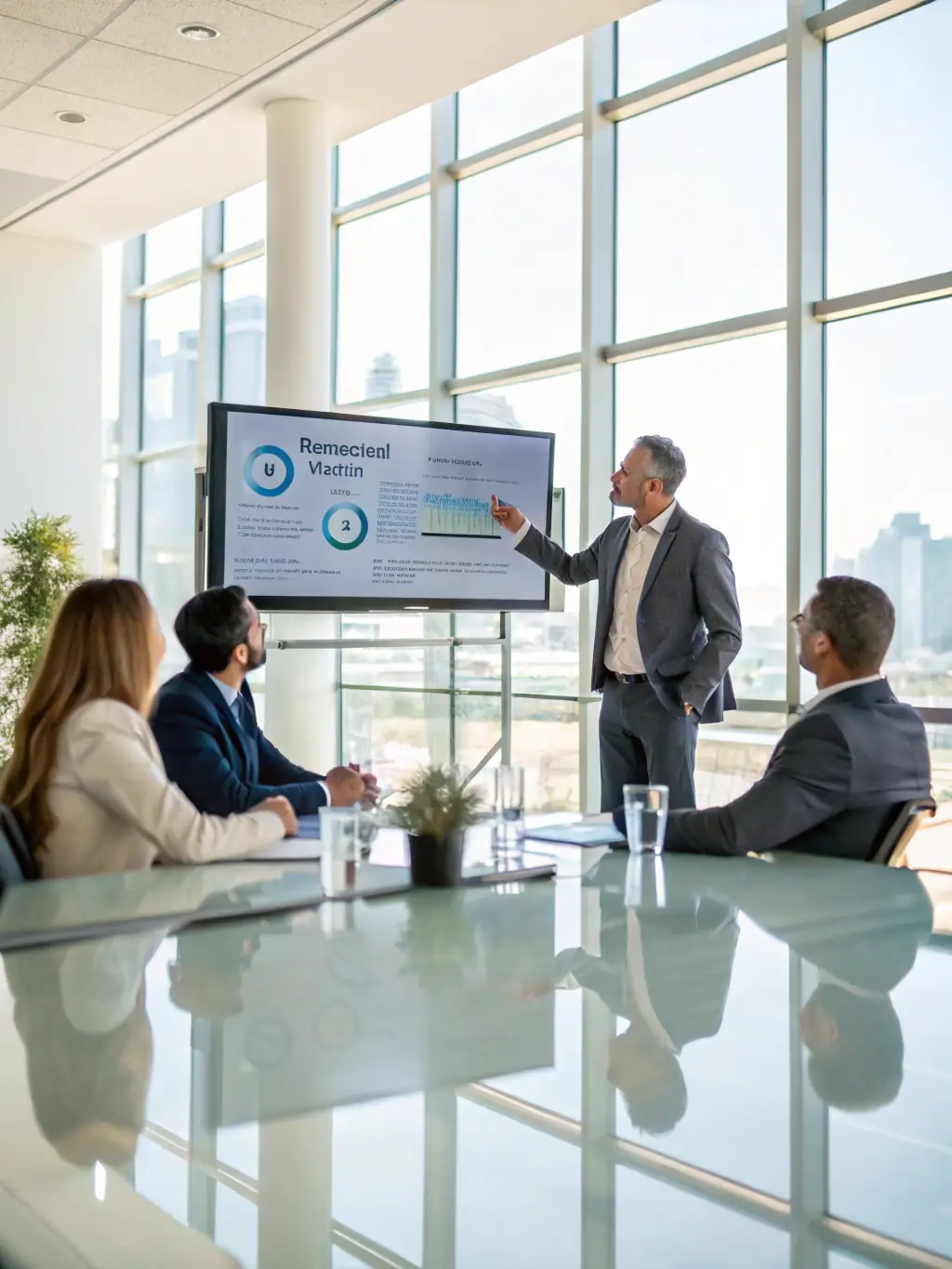 A consultant presenting a strategic technology roadmap to a client's executive team in a modern office setting, emphasizing strategic alignment.