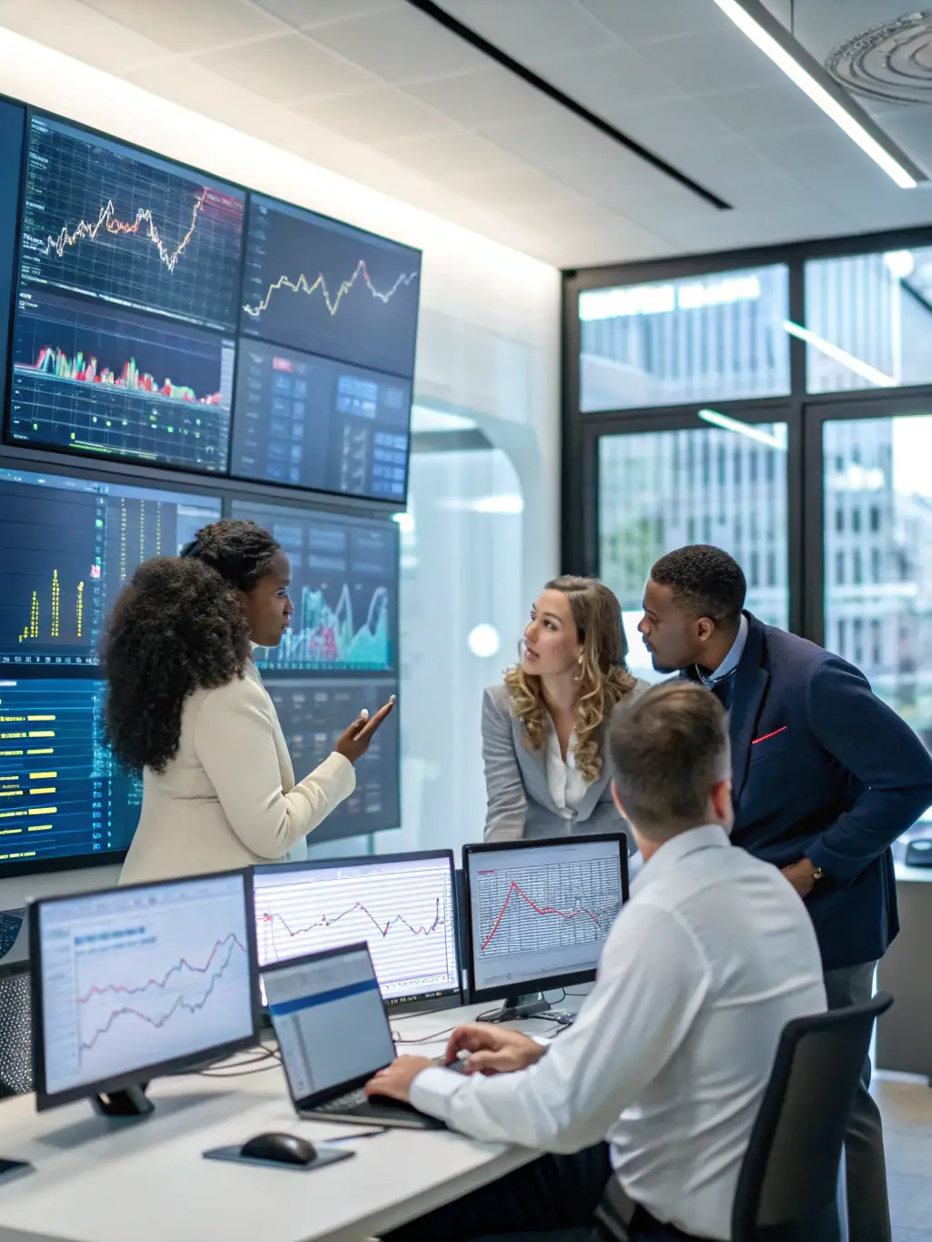 A team of consultants analyzing complex data visualizations, representing EAILEYTECH's data-driven approach to problem-solving.